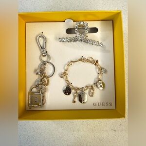GUESS Gold-Tone Charm Bracelet & Keychain Set with Clear Crystal Hair Clip
